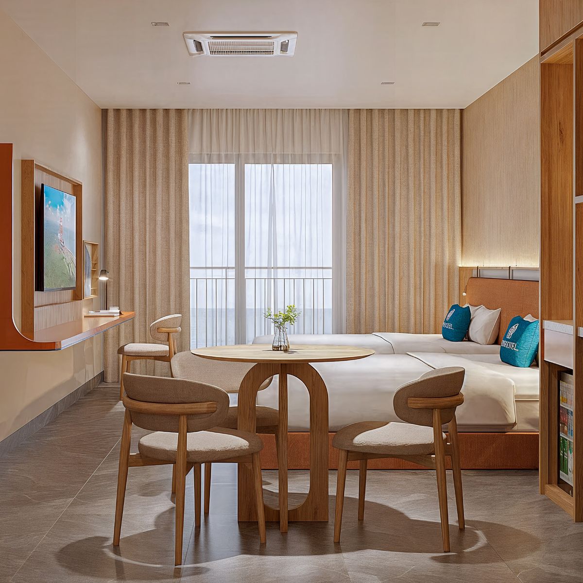 Phòng Breeze Twin Bed với hai giường và cửa sổ lớn