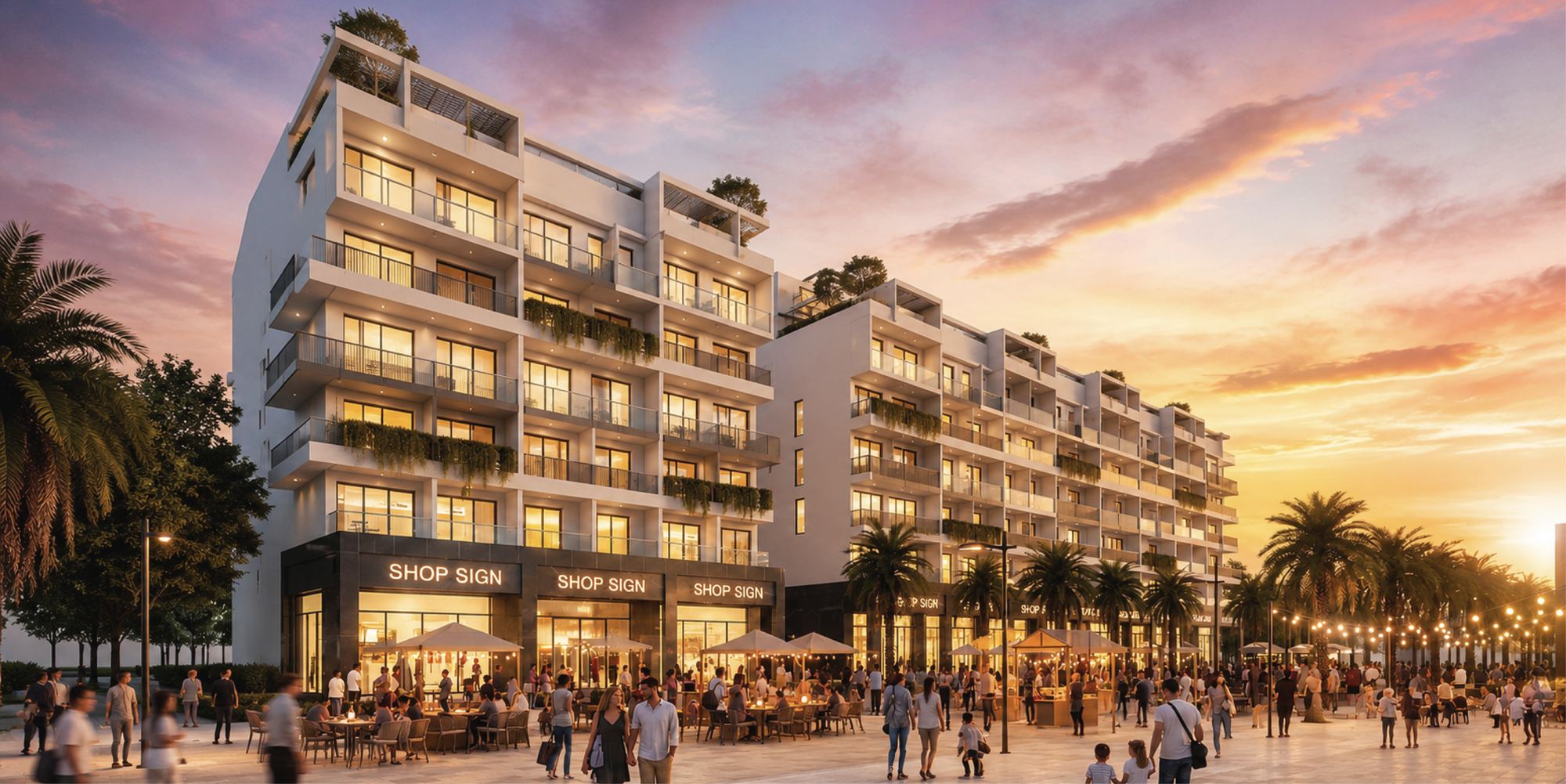 Vias Hotel Hồ Tràm Beach lúc hoàng hôn, phố đi bộ và nhà hàng phía trước