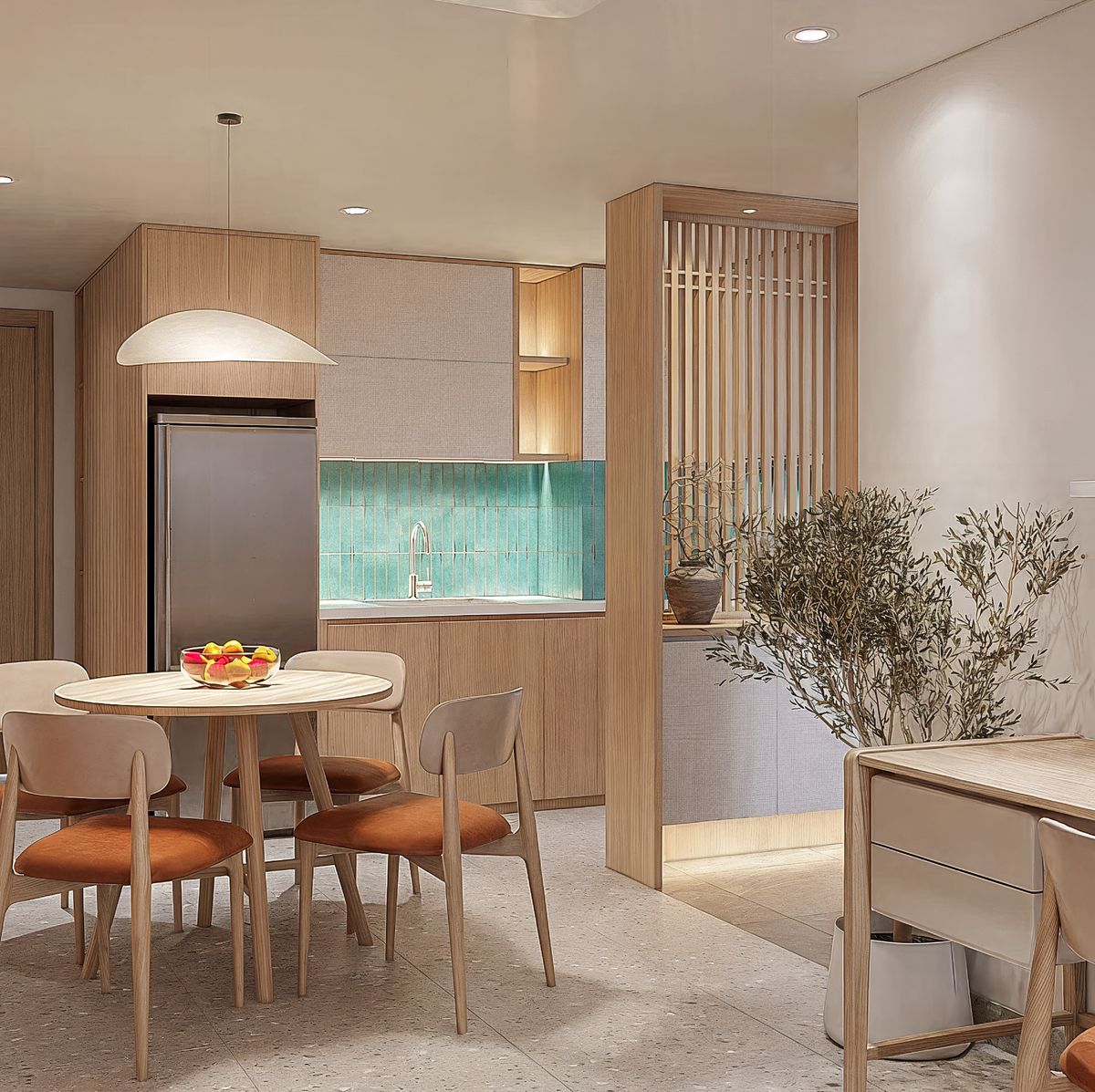 Phòng Ocean Studio với bếp và bàn ăn